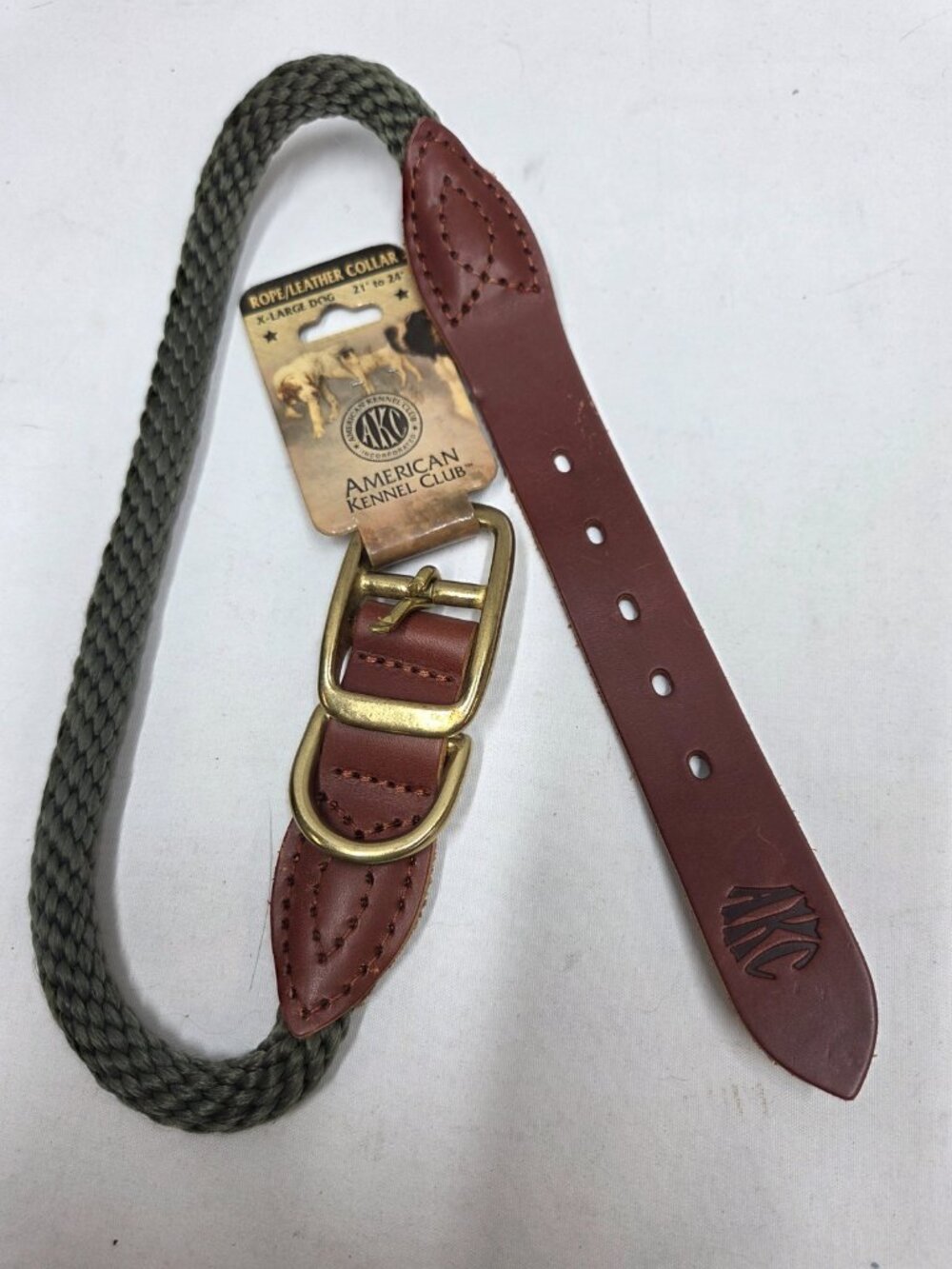 American Kennel Club Rope Leather Collar X-Large Dog  21 to 24 inch Brass Buckle